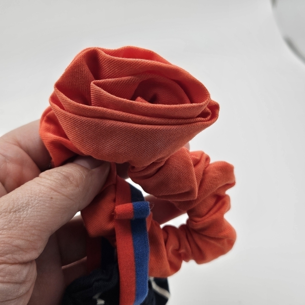 pair of scrunchies with rosettes navy stripe and salmon orange - Picture 3 of 3